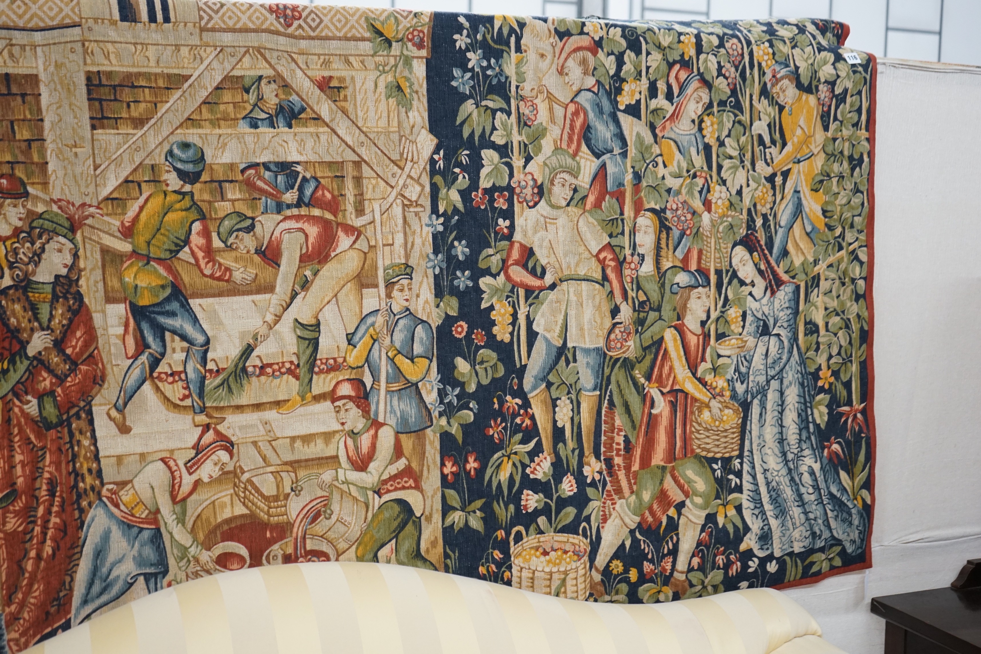 A French Robert Four machine tapestry of a wine harvest, width 194cm, height 110cm